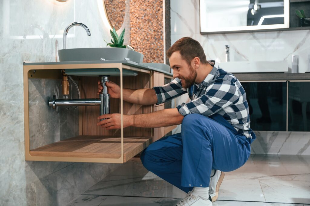 Plumber in blue uniform is at work in the bathroom